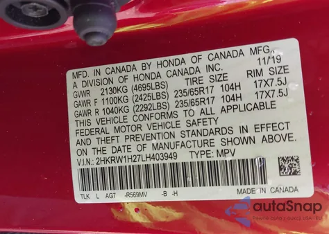 2020 Honda Cr-V 2Wd Lx from USA, damaged, VIN 2HKRW1H27LH403949